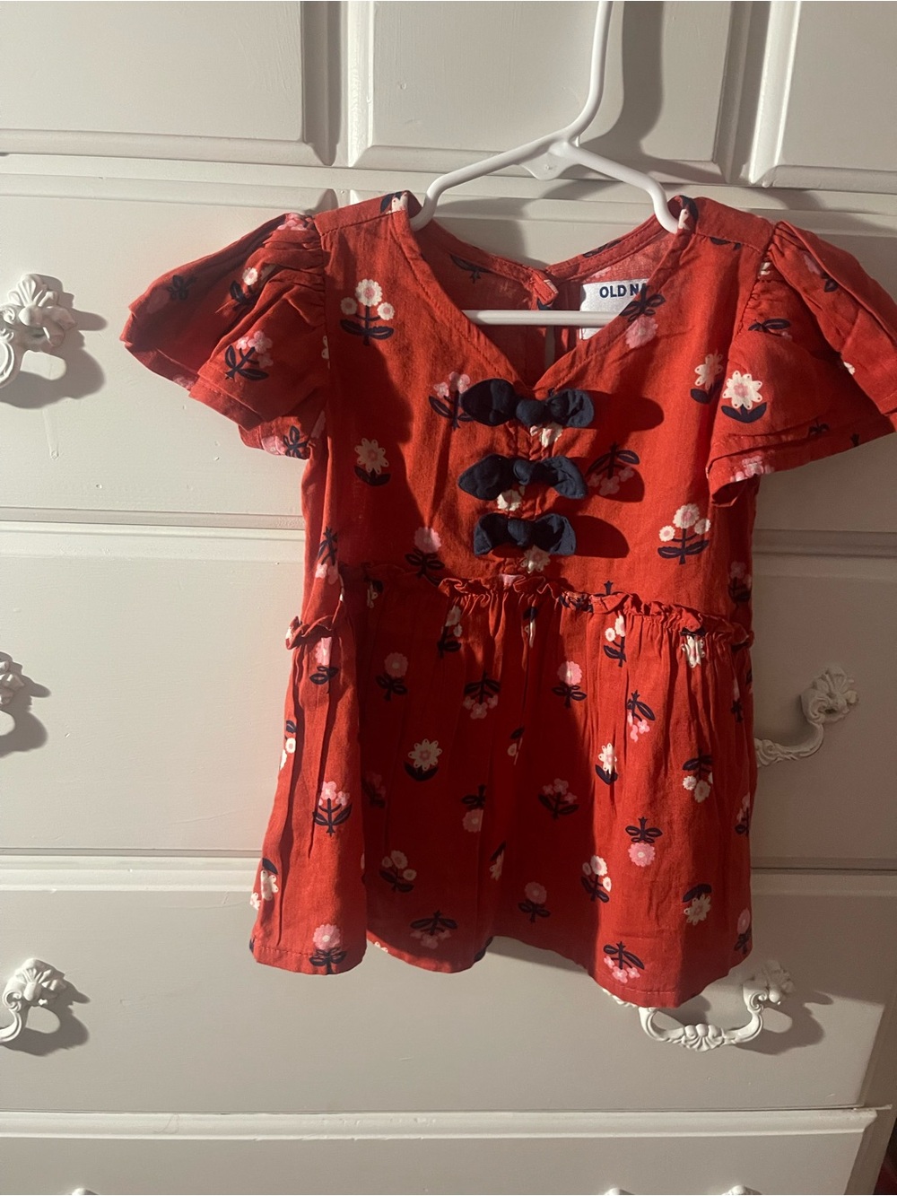 Old Navy Red Floral Dress with Navy Bow Accents